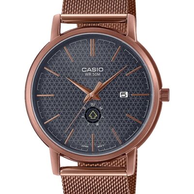 CASIO Men Black Textured Dial & Rose Gold Toned Steel Straps Analogue Watch A2057
