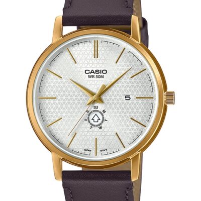 CASIO Men White Dial & Brown Leather Straps Analogue Watch A2053-White
