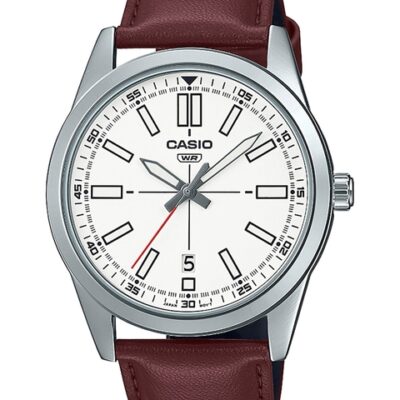 CASIO Men White Dial & Brown Leather Straps Analogue Wrist Watch