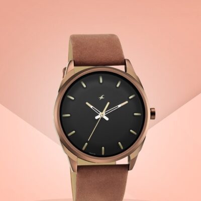 Fastrack Men Black Brass Embellished Dial & Brown Leather Straps Analogue Watch 3273QL01