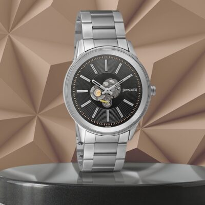 Sonata Men Black Brass Skeleton Dial  ...