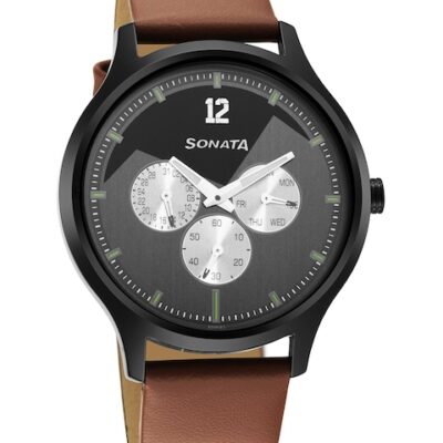Sonata Men Grey Brass Embellished Dial & Brown Leather Wrap Around Straps Analogue Watch 7140NL02