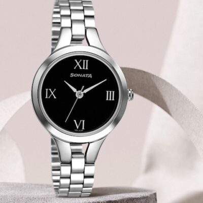 Sonata Women Black & Silver-Toned Analogue Watch 8151SM07