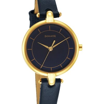 Sonata Women Brass Patterned Dial & Leather Straps Analogue Watch 87043YL03W