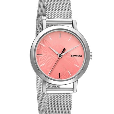 Sonata Women Pink Brass Dial & Silver Toned Bracelet Style Straps Analogue Watch 8174SM02
