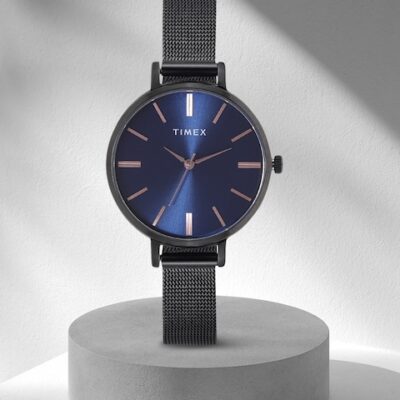 Timex Women Blue Brass Dial & Black Bracelet Style Straps Analogue Watch TWEL155SMU03