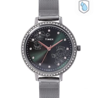 Timex Women Green Printed Dial & Gunmetal Toned Bracelet Straps Analogue Watch TWEL14704