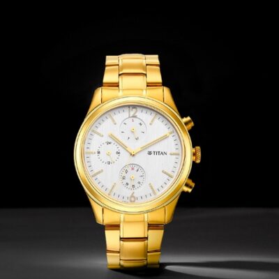 Titan Men Gold-Toned Brass Mother of Pearl Dial & Stainless Steel Bracelet Style Straps Analogue Watch