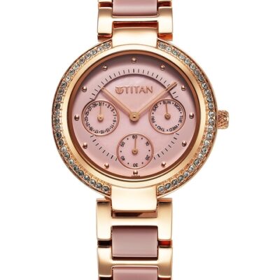 Titan Women Brass Embellished Dial & Bracelet Style Straps Analogue Watch 95187KD02